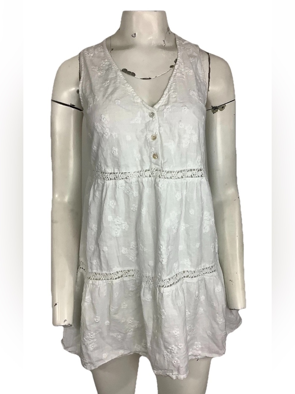 C&C California Sz S 100% Cotton Floral Embroider Mini Boho Beach Dress White